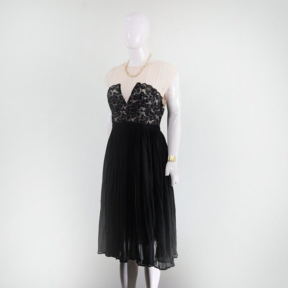 Elegant Beige & Black Lace Accent Midi Party Dress - Picture 1 of 5